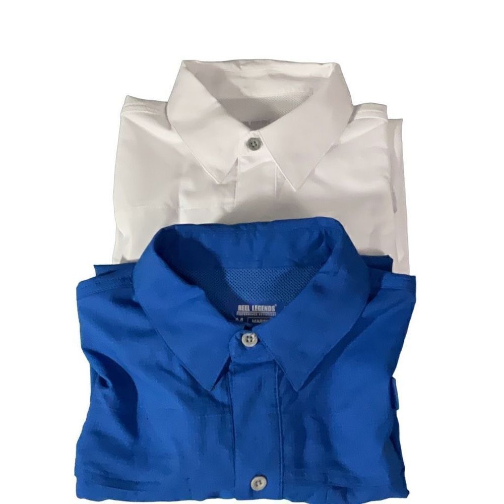 (2) Reel Legends Mariner Performance Shirts Blue White Vented Fishing Sz Medium